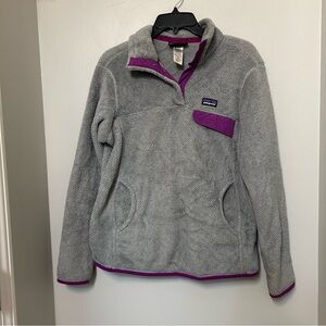 Patagonia Polar Fleece Womens M Snap Gray Purple Pullover Sweater Pockets